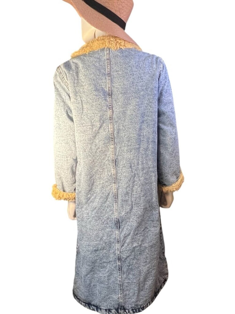 vtg sherpa lined light wash long denim coat jean jacket duster sz S - Picture 6 of 13